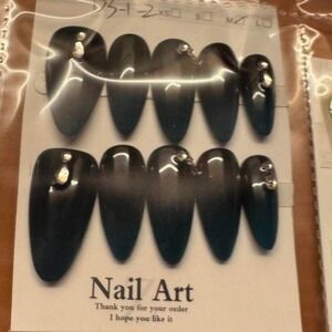 Press On Nails Black Blue Ombre Almond Rhinestone‎ Nail Art Medium
